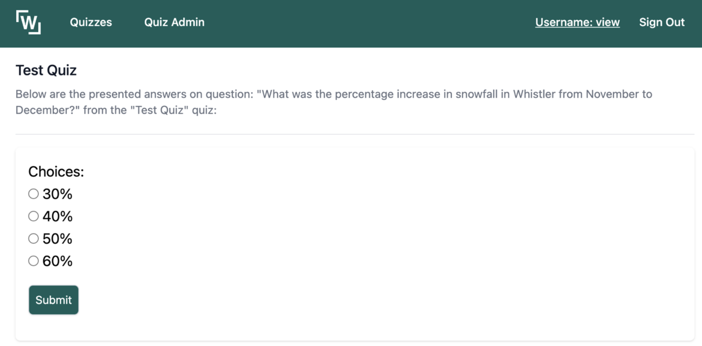 An image of the question and answer page once logged into the app. A navigation is present along the top and a blank question and answer screen is present