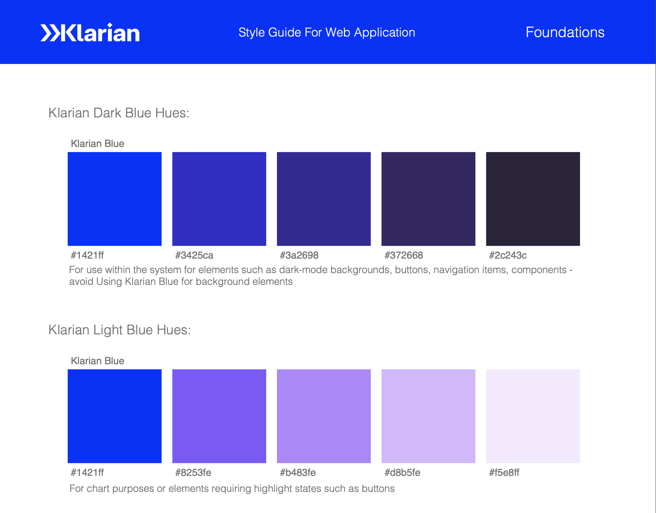 An image of the Klarian design style guide featuring different color palettes used on the frontend and narrating text